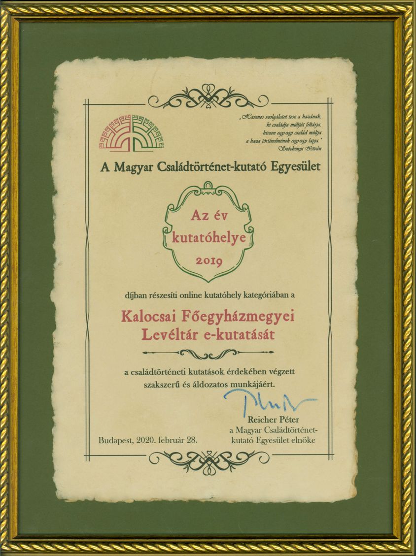 Az Év Kutatóhelye díj 2019 - oklevél, KFL